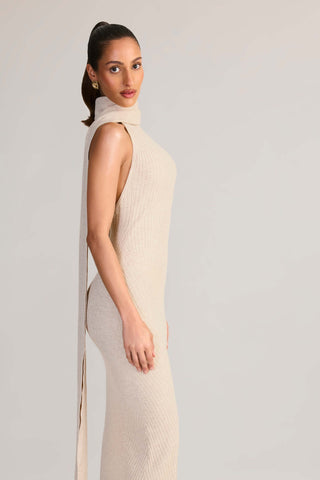 Knit Scarf-Detail Halterneck Maxi Dress in Cream