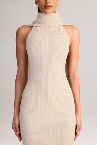 Knit Scarf-Detail Halterneck Maxi Dress in Cream
