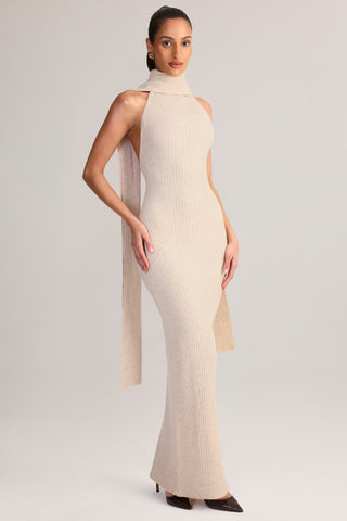 Knit Scarf-Detail Halterneck Maxi Dress in Cream