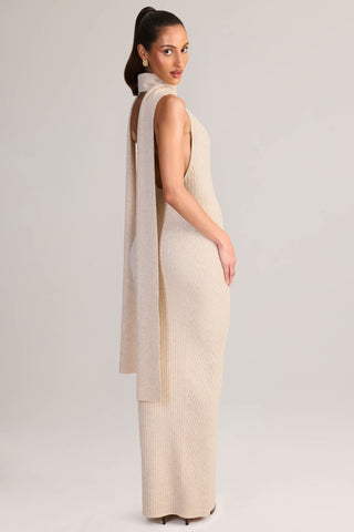 Knit Scarf-Detail Halterneck Maxi Dress in Cream