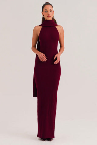 Knit Scarf-Detail Halterneck Maxi Dress in Wine