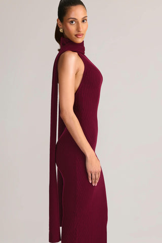 Knit Scarf-Detail Halterneck Maxi Dress in Wine