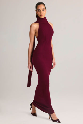Knit Scarf-Detail Halterneck Maxi Dress in Wine