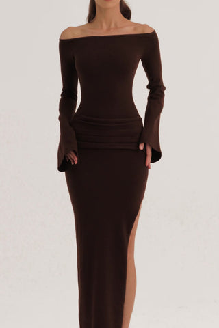 Knit Boat-Neck Long-Sleeve Maxi Dress in Chocolate Brown