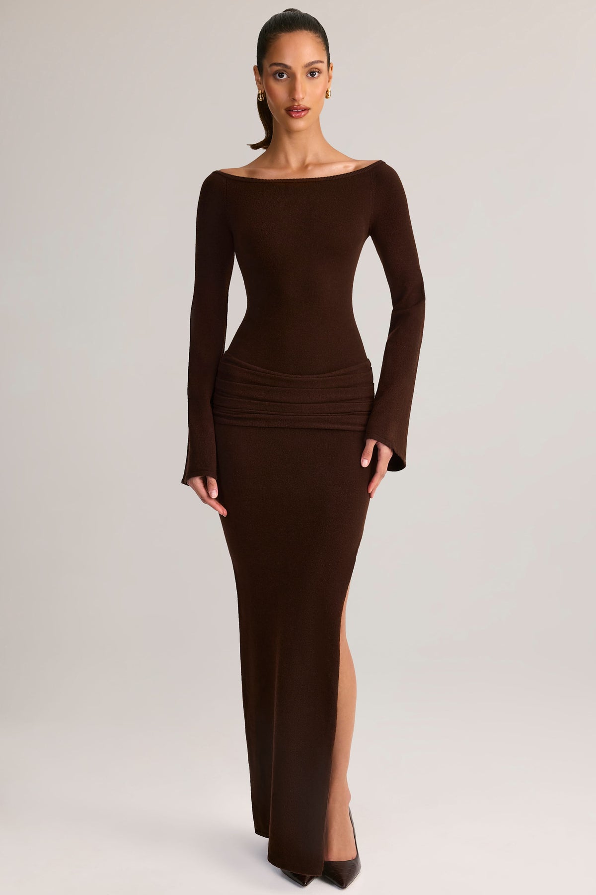 Knit Boat-Neck Long-Sleeve Maxi Dress in Chocolate Brown