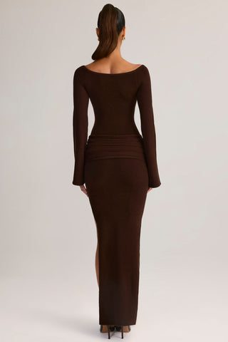 Knit Boat-Neck Long-Sleeve Maxi Dress in Chocolate Brown