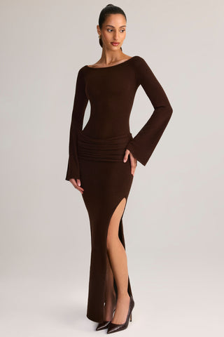 Knit Boat-Neck Long-Sleeve Maxi Dress in Chocolate Brown