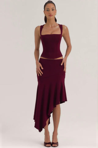 Modal Asymmetric Low-Rise Midaxi Skirt in Wine