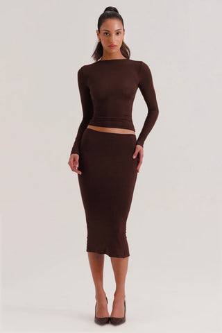 Modal Mid-Rise Pencil Skirt in Chocolate Brown
