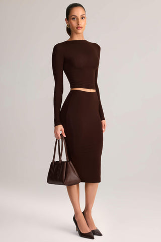 Modal Mid-Rise Pencil Skirt in Chocolate Brown