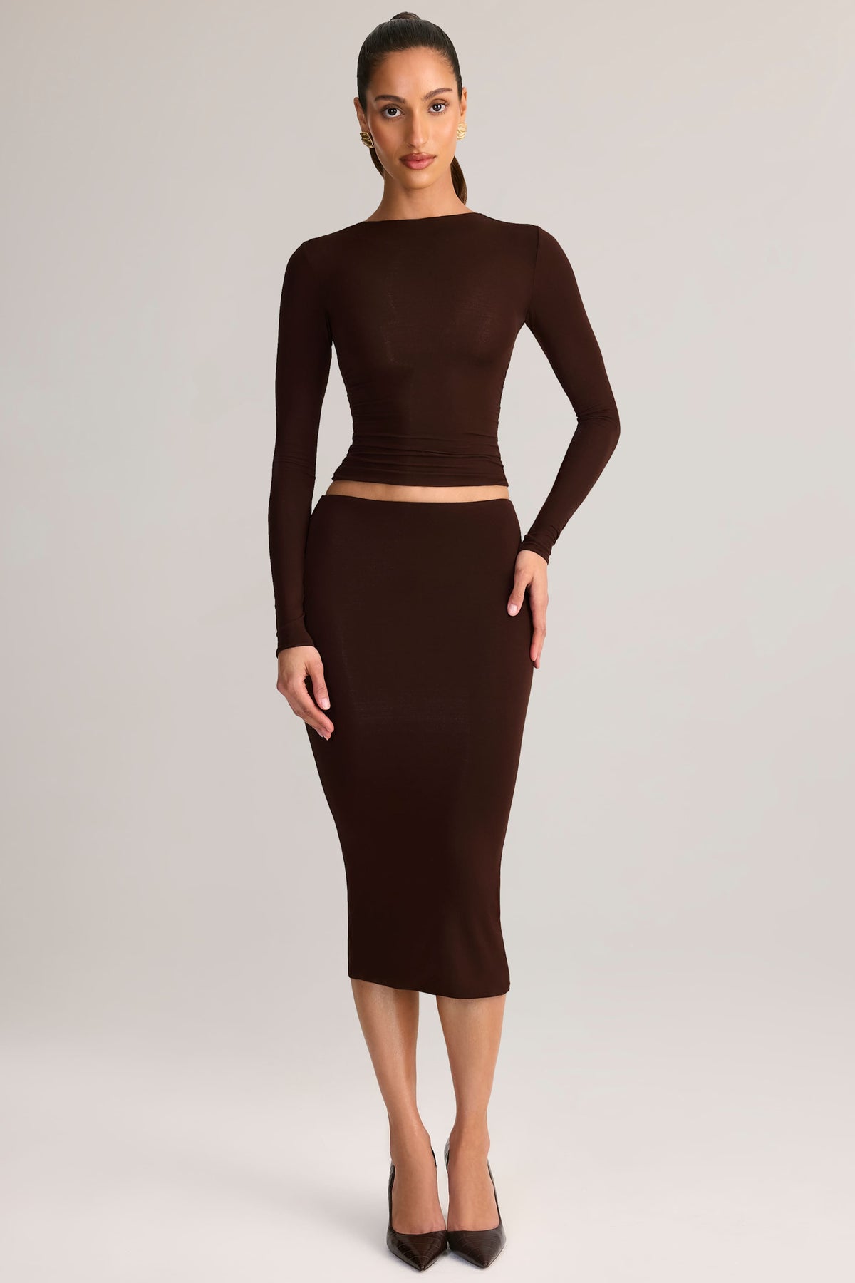 Modal Mid-Rise Pencil Skirt in Chocolate Brown