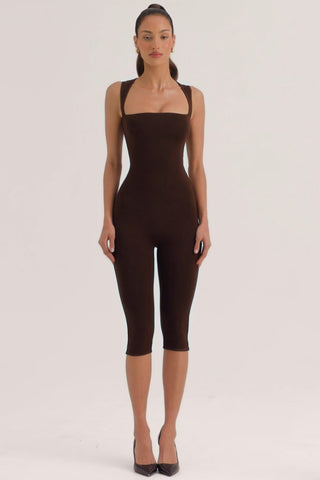 Modal Square-Neck Capri Jumpsuit in Chocolate Brown