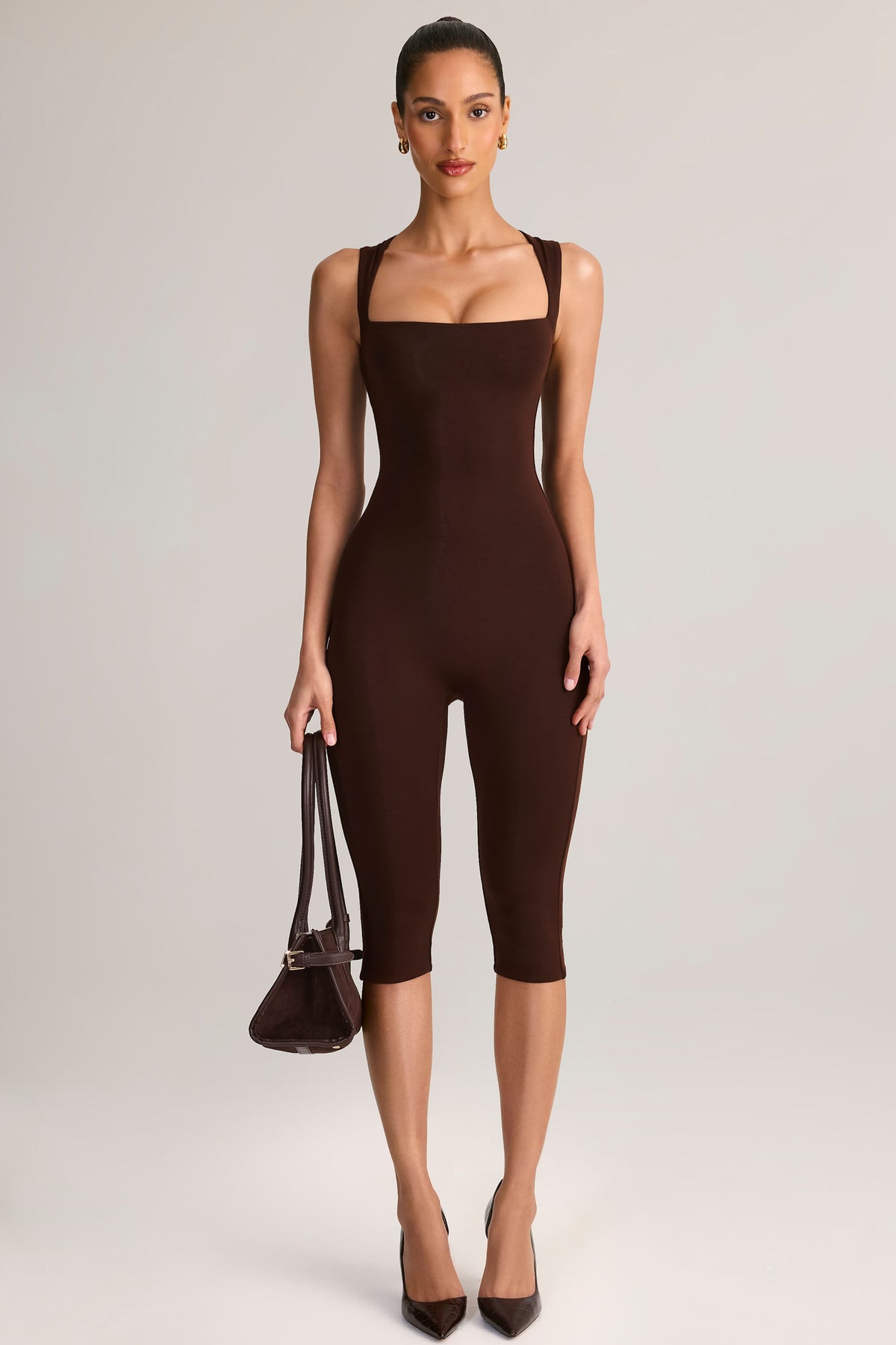 Modal Square-Neck Capri Jumpsuit in Chocolate Brown