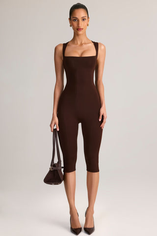Modal Square-Neck Capri Jumpsuit in Chocolate Brown