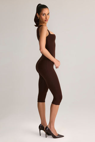 Modal Square-Neck Capri Jumpsuit in Chocolate Brown