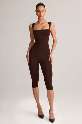 Modal Square-Neck Capri Jumpsuit in Chocolate Brown