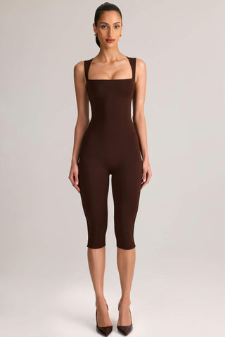 Modal Square-Neck Capri Jumpsuit in Chocolate Brown