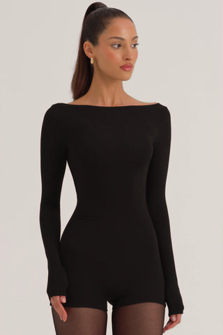 Modal Boat-Neck Long-Sleeve Playsuit in Black