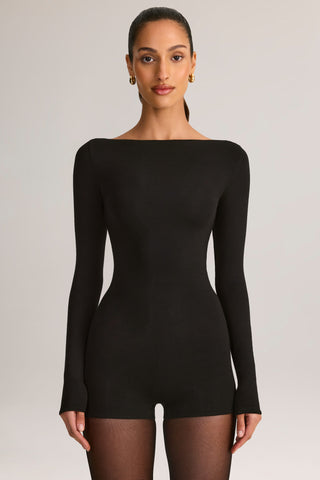 Modal Boat-Neck Long-Sleeve Playsuit in Black
