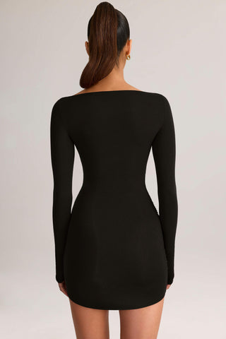 Modal Draped Long-Sleeve Mini Dress in Black