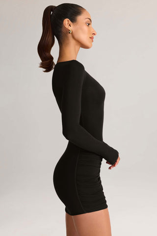 Modal Draped Long-Sleeve Mini Dress in Black