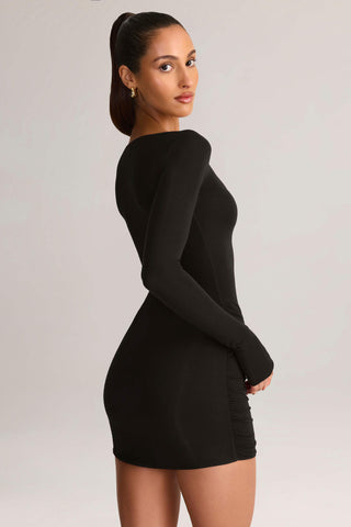 Modal Draped Long-Sleeve Mini Dress in Black