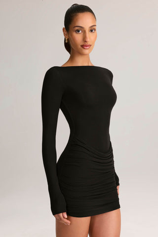 Modal Draped Long-Sleeve Mini Dress in Black