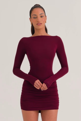 Modal Draped Long-Sleeve Mini Dress in Wine