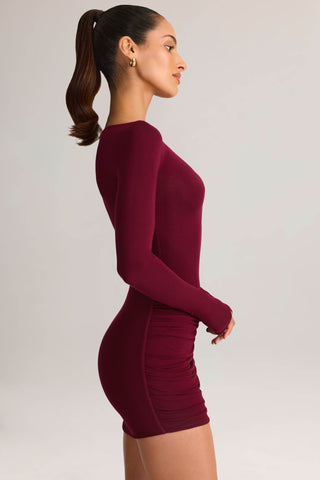 Modal Draped Long-Sleeve Mini Dress in Wine