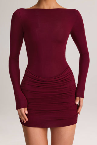 Modal Draped Long-Sleeve Mini Dress in Wine