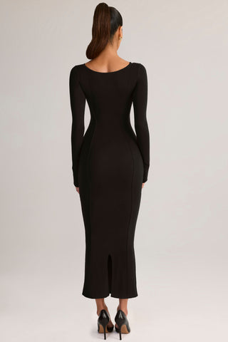 Modal Peekaboo Long-Sleeve Midi Dress in Black