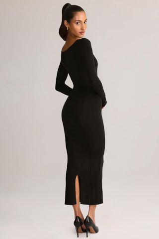 Modal Peekaboo Long-Sleeve Midi Dress in Black