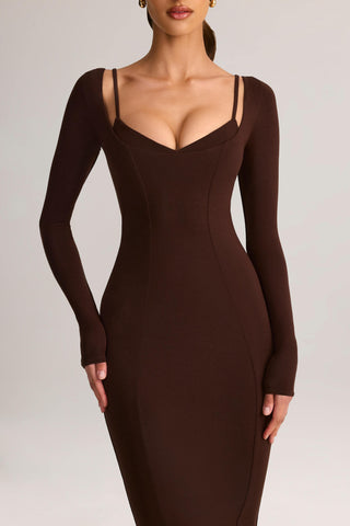 Modal Peekaboo Long-Sleeve Midi Dress in Chocolate Brown