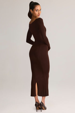 Modal Peekaboo Long-Sleeve Midi Dress in Chocolate Brown