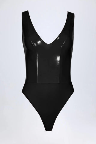 Vinyl Plunge-Neck Bodysuit in Black