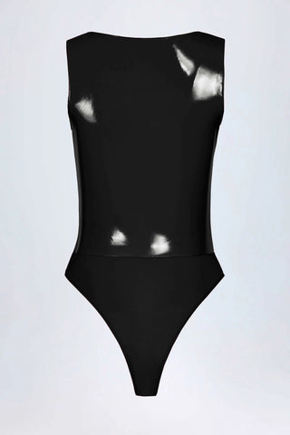 Vinyl Plunge-Neck Bodysuit in Black