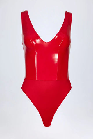 Vinyl Plunge-Neck Bodysuit in Fire Red