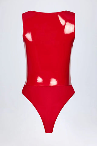 Vinyl Plunge-Neck Bodysuit in Fire Red
