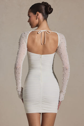 Embellished Long-Sleeve Mini Dress in White