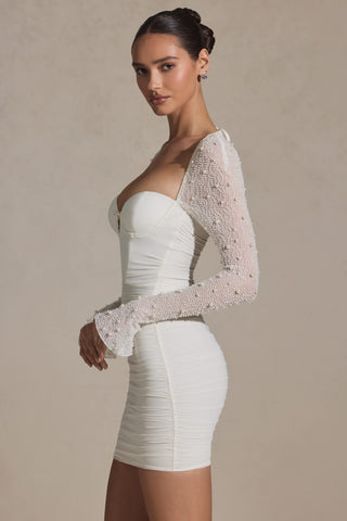 Embellished Long-Sleeve Mini Dress in White
