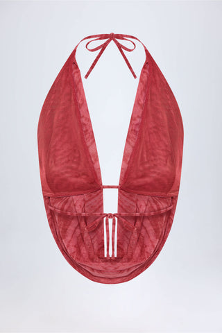 Cowl-Neck Backless Crop Top in Red Print