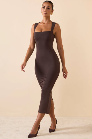 Square Neck Midi Dress in Chocolate Brown