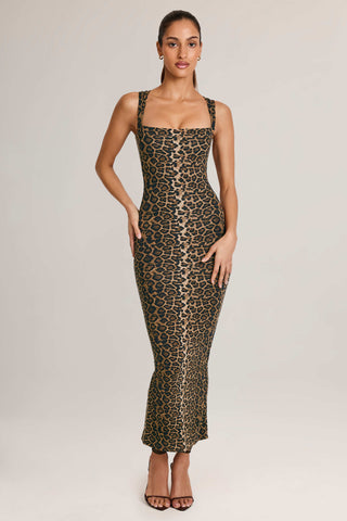 Modal Square-Neck Bodycon Midi Dress in Leopard Print