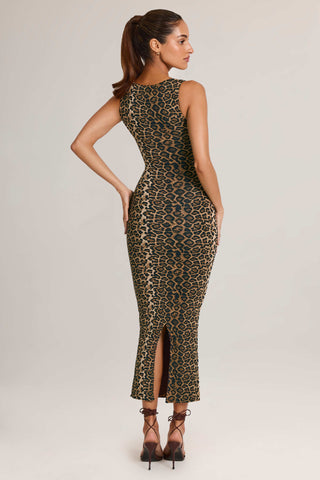 Modal Square-Neck Bodycon Midi Dress in Leopard Print