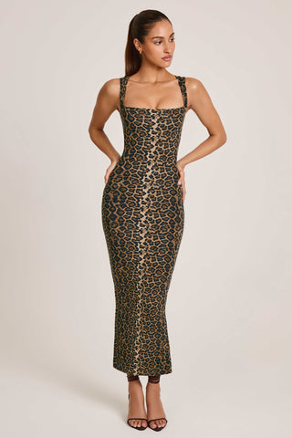 Modal Square-Neck Bodycon Midi Dress in Leopard Print