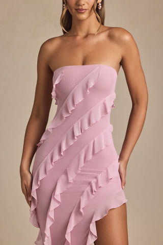 Bandeau Ruffle Detail Maxi Dress in Dusty Pink