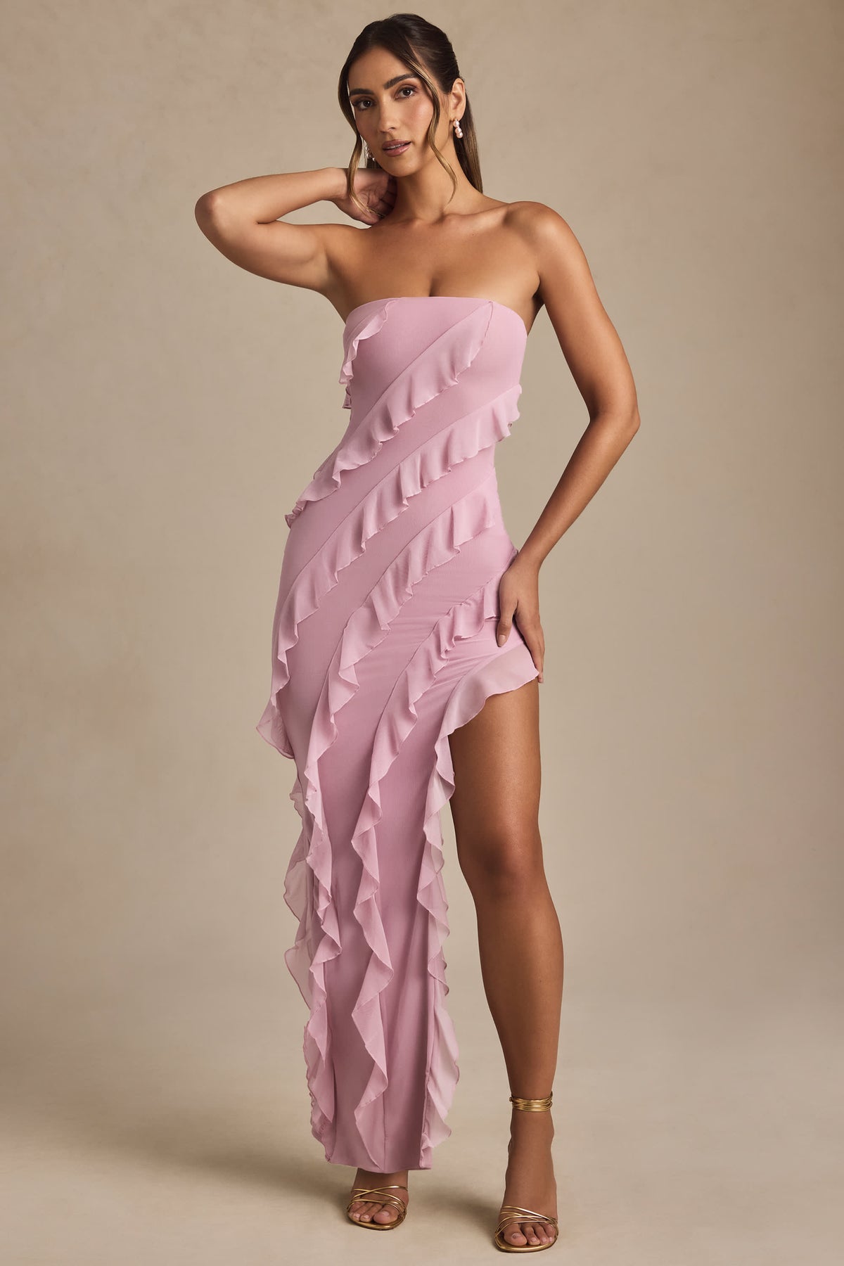 Bandeau Ruffle Detail Maxi Dress in Dusty Pink