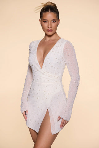 Embellished Wrap Over A-Line Mini Dress in Ivory