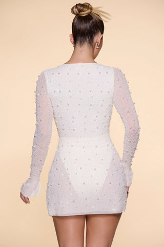 Embellished Wrap Over A-Line Mini Dress in Ivory