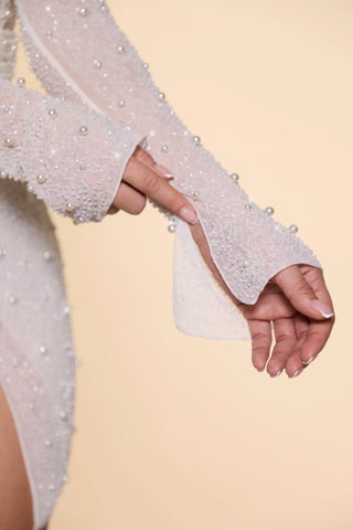 Embellished Wrap Over A-Line Mini Dress in Ivory